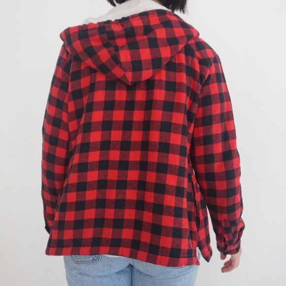 Tough Duck Red Black Buffalo Plaid Teddy Lined Outdoor Hooded Zip Up Sweater M - Picture 3 of 12